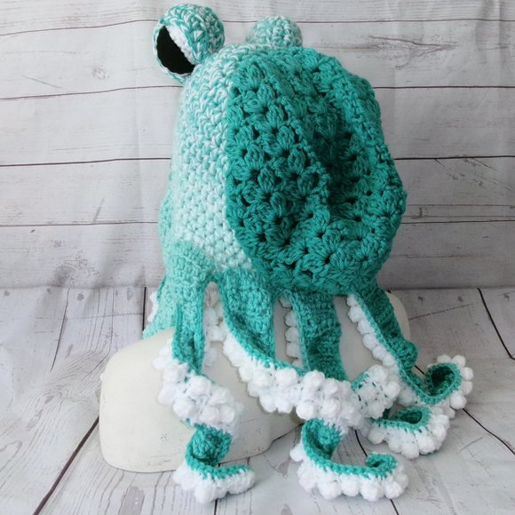 Crochet Adult Size Mint Green Ombre and White Octopus Hat